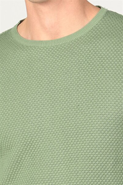 Tudors Erkek Standart Fit Normal Kesim Bisiklet Yaka Petek Desenli Yeşil Triko Kazak