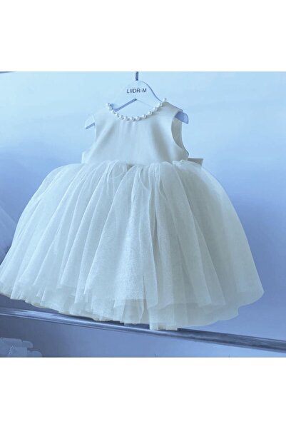 NSM Kidslife Girl's Back V Cut Pearl Λεπτομερές λευκό χρώμα Φόρεμα γενεθλίων ...