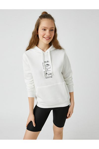 Koton Cat Printed Hooded Sweatshirt Long Sleeve With Fleece Inside