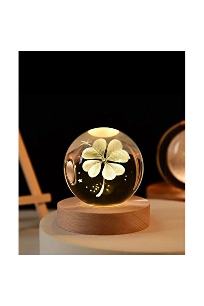 Hombak Dekarasyon Işıklı Ahşap Standlı Dört Yapraklı Yonca Cam Küre, Usb Kabl...