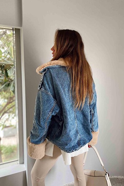 SAGİ JEANS Palton scurt din denim maro cu blană