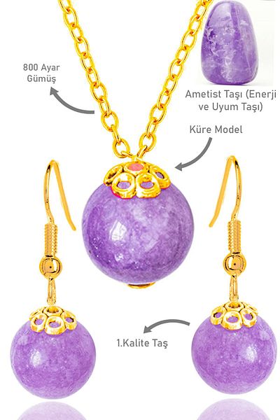 Tesbih Atölyesi Gold Globe Model Amethyst Stone Necklace and Earring Set - Certified with Silver Apparatus