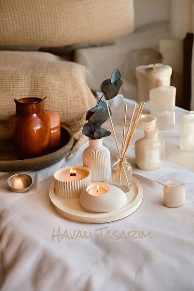Havalı Tasarım Dekoratif Tepside 5 Li Set Çizgili Vazo, Vanilya Koku Ahşap Fitil Mum, Tealight Mumluk, Oda Koku