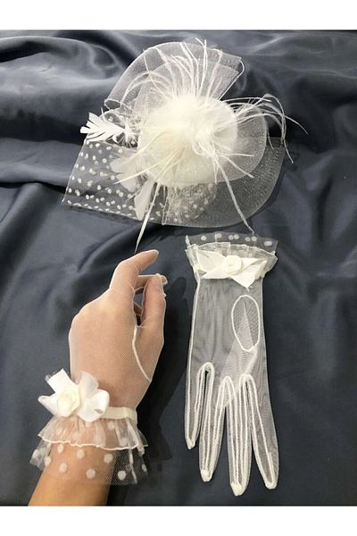 Limelia Short Bridal Gloves and Voilet - Polka Dot and Rose Detailed Bridal Hat