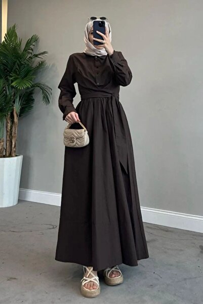 Swana Gömlek Yaka Bağlamalı Poplin Kumaş Tesettür Elbise-Kahverengi