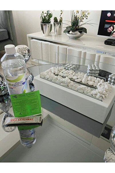 Moor Garden Metal Beyaz Renk Masa Üstü Şömine Sertifikalı Yakıt Ve Dekoratif Taş Hediyeli