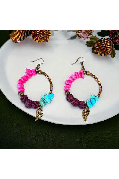 LeylanTakı Women's Natural Stone Bohemian Hoop Pink Handmade Earrings