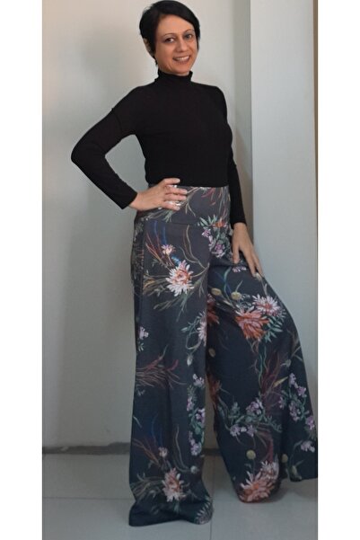 Mertcan Butik Smoked patterned elastic waist wide leg steel knitted pants skirt