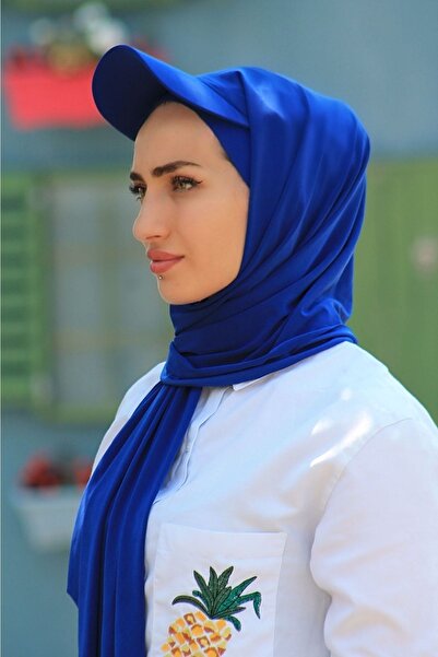 Sahra Şal Dünyası Έτοιμο σάλι-χιτζάμπ με καπέλο και μπονέ μπλε κοβαλτίου Μπλε