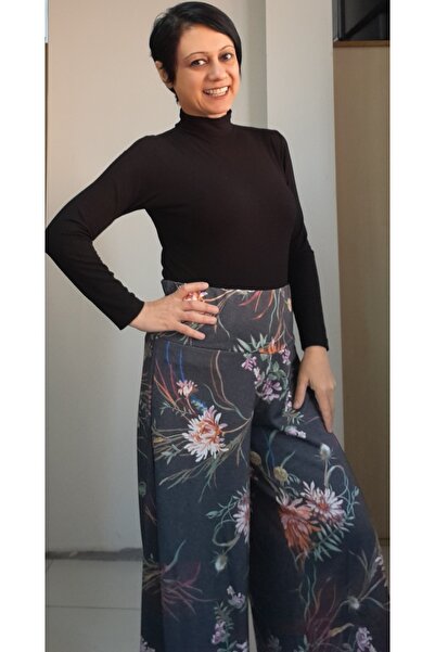 Mertcan Butik Smoked patterned elastic waist wide leg steel knitted pants skirt