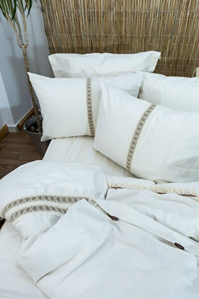 NDC HOME BATTAL Size Cream Brown Lace Duvet Cover Set