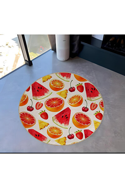 Rugs Modern Halı Multicolored Watermelon Cherry and Orange Patterned Round Wo...