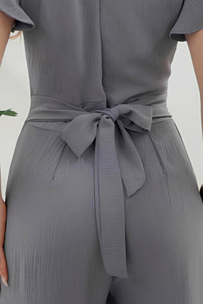 Genel Markalar Gri Renk Kendinden Kayış Kemerli V Yaka Şık Tarz Tulum 52742024