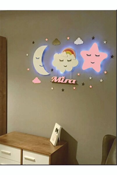 Lowenart Çocuk Odası Dekoratif Ahşap Ay Gökkuşağı Bulut Yıldız Gece Lambası Ledli Aydınlatma