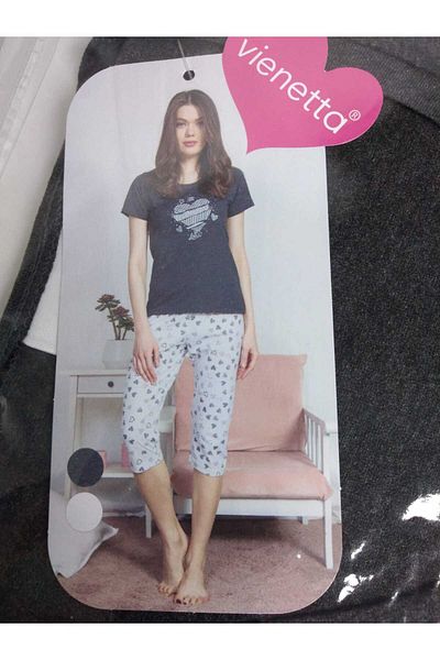 VİENETTA Set pijamale din bumbac cu mâneci scurte cu model de inimă bej antracit - Capri cu gâtul turn