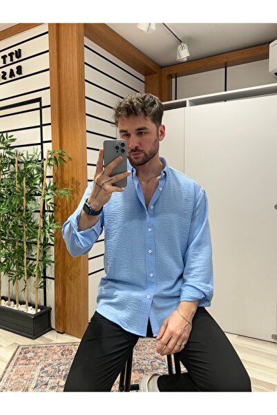 UTTBASİC Erkek Bebe Mavi Oversize Dokulu Aerobin Keten Gömlek