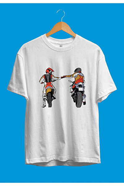 YQYQ Υπερμεγέθη μπλουζάκι Unisex με τυπωμένο θέμα φιλίας με κινητήρα και ποδη...