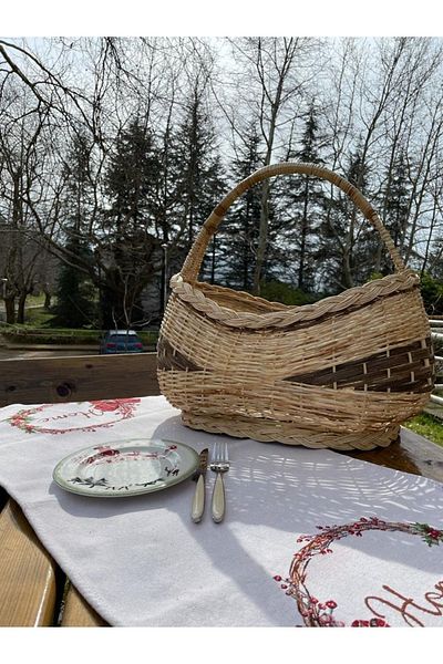 Beyaz Atölyem Double Color Gondola Wicker Braided Aesthetic Picnic Basket Large Size