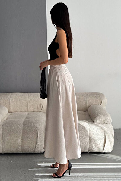 Slim'N Lift Beige Linen Blended - Women's Skirt with Pockets