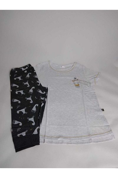 VİENETTA Set de pijamale de damă din bumbac cu mânecă scurtă, cu model, bej, antracit