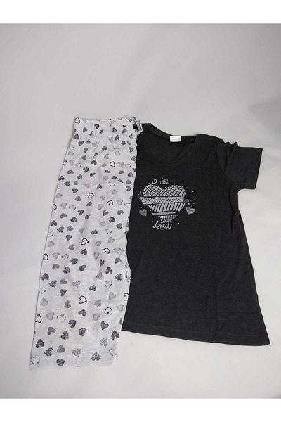 VİENETTA Set pijamale din bumbac cu mâneci scurte cu model de inimă bej antracit - Capri cu gâtul turn
