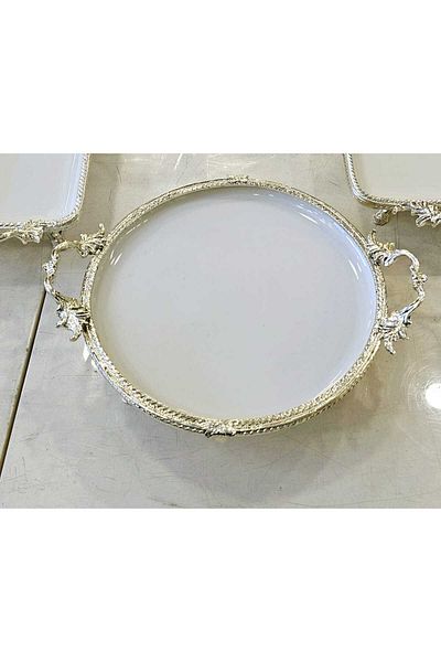 MaviDamla Silver Colored 1 Piece Footed Cast Edge Frame Round Porcelain Presentation Holder