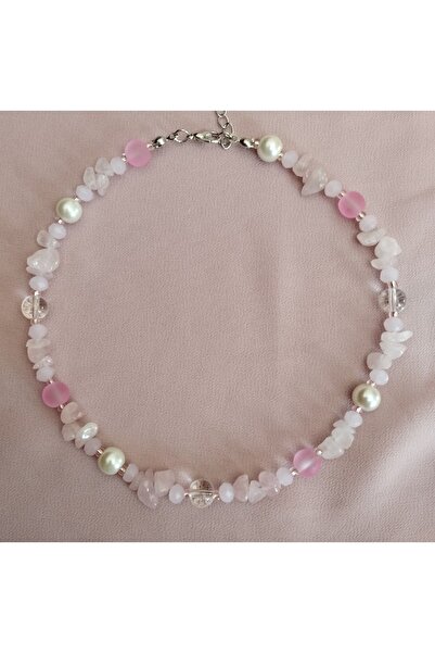 Galibarda Pembe Kuvars Kırık Doğal Taşlı Incili Ve Cam Boncuklu Kolye