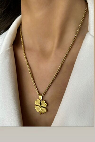 Bahar Takı ve aksesuar Kadın Çelik Burgu Yonca Kolye 60 Cm