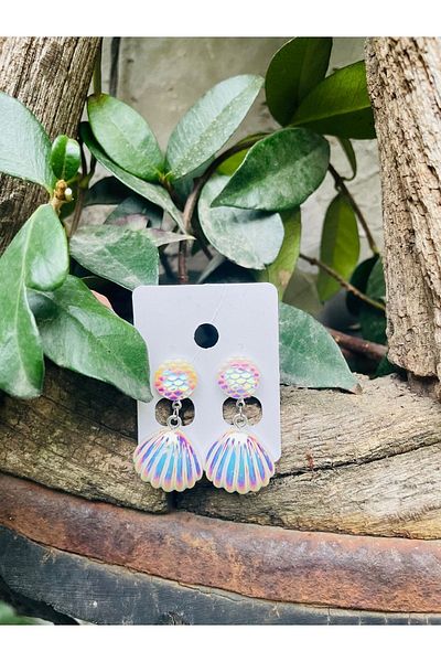 1PARÇAMAVİ Studded White Pearl Sea Shell Mermaid Hole Ear Studded Bridal Earrings