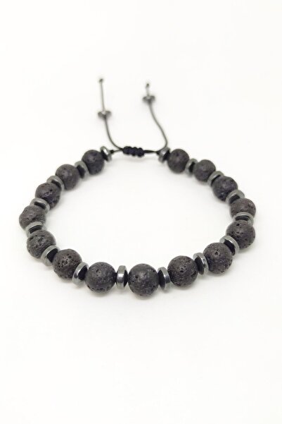 Armis Rondela Hematite Lava Stone Natural Stone Macrame Braided Unisex Adjust...