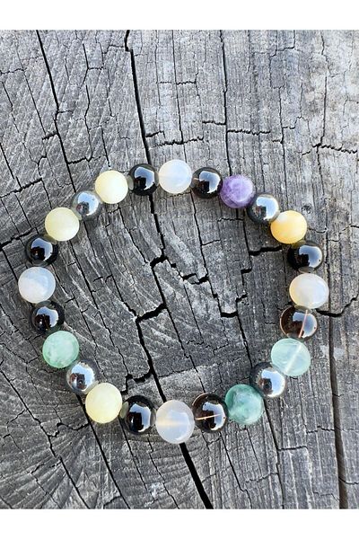 Gökçeada 8mm Capricorn Sign Natural Stone Bracelet - Fluorite Onyx Smoke Quartz Flower Agate Aragonite Hematite