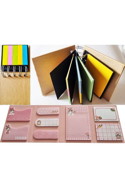 KRAF Rabbit Adhesive Note Paper Set 8 Different Patterns 8x20 Pieces+Spiral Hard Cover Endless Postit Notebook