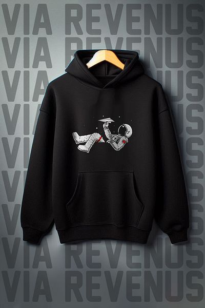 Vordevia Astronaut Printed - 3 Thread Black Hooded Oversize Sweatshirt
