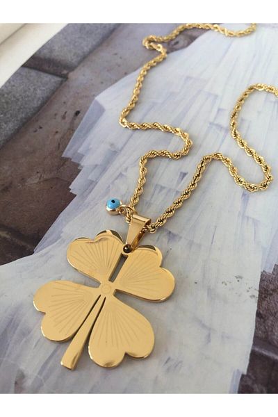 ACCESSORIES WORLD Steel Clover Evil Eye Beaded Twist Necklace