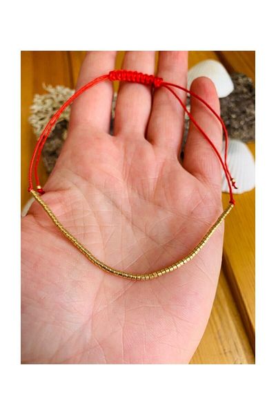 HAKSAL GÜMÜŞÇÜLÜK Miyuki Gold Colored Anklet with Red String