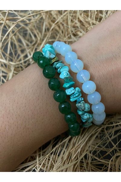 Melek Bozkurt Natural Stone Combination - Bracelet Moon Stone, Jade Stone, Broken Turquoise Stone