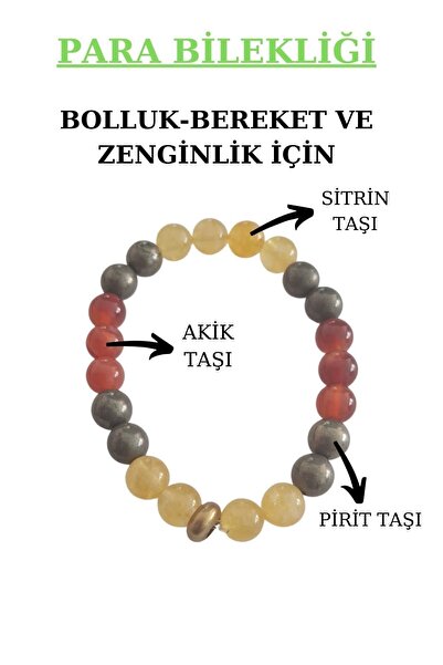 Genel Markalar Para Bereket Ve Zenginlik Doğal Taş Tılsım Bilekliği Pirit, Sitrin, Akik Taşı Doğal Taş Bileklik