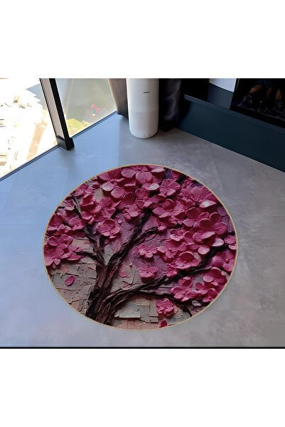 Rugs Modern Halı Pastel Theme Abstract Pink Tree Patterned Round Woven Base M...