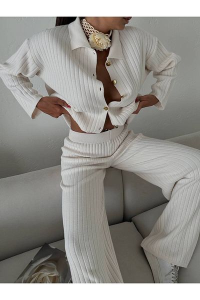 LB Laluna Butik Gold Buttoned Women's Knitwear Set - Cardigan and Loose Palazzo Trousers