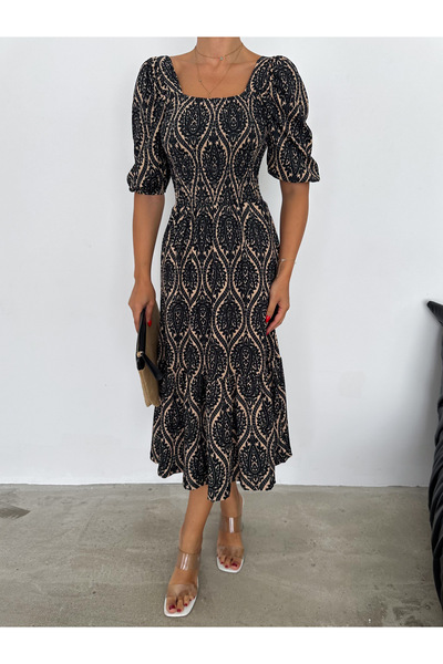 KAŞİHA كريم منقوشة - فستان كيلوشو نسائي بأكمام البطيخ الملتوي