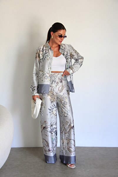 Julidress Set cămașă și pantaloni colorat cu model de soare din satin premium