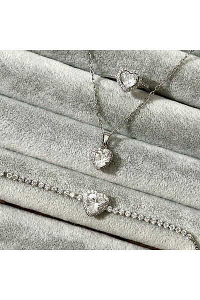 TOFY BUTİK Silver White Color Heart Necklace and Bracelet Ring Set