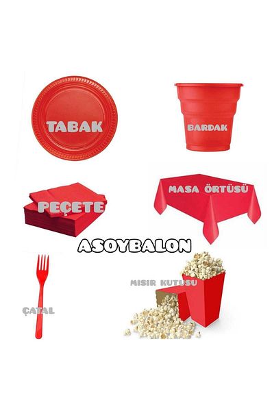 asöy Red Plate Cup Fork Napkin Corn Box Tablecloth Set - Birthday Use