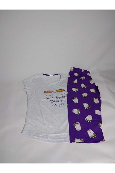 VİENETTA Set pijamale de damă din bumbac cu model violet bej - Capri cu mânecă scurtă