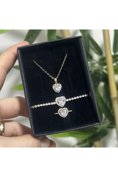 TOFY BUTİK Gold White Stone Heart Necklace and Bracelet Ring Set
