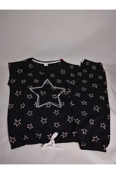 VİENETTA Set de pijamale din bumbac Capri, cu mânecă scurtă, cu model de stea, negru, pentru femei