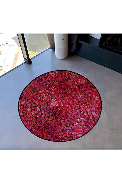 Rugs Modern Halı Koyu Pembe Tema Karma Çiçek Desenli Yuvarlak Dokuma Taban Mo...