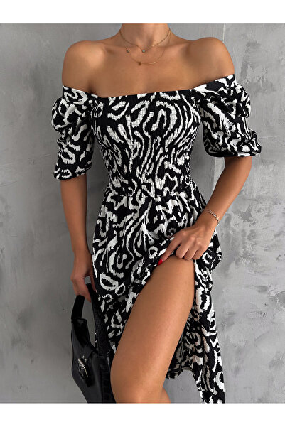 KAŞİHA Black and White Patterned - Gimped Watermelon Sleeve Fabric Hair Dress