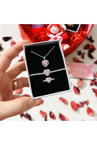 TOFY BUTİK Silver Pink Heart Necklace and Bracelet Ring Set