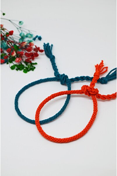 Bidüğüm Unisex Koyu Turkuaz-turuncu Örgü Bileklik, El Emeği Arkadaş Bilekliği...